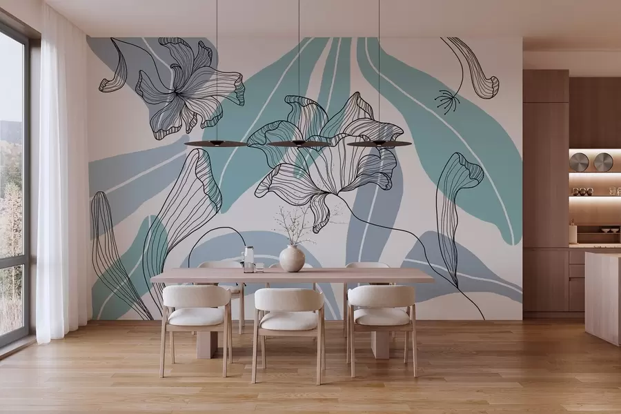 wall murals abstract leaves and flowers in blue tones w04499v2