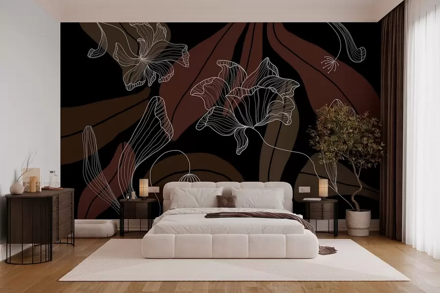 wall murals abstract leaves and flowers in powdery and beige tones on a dark background w04499v3