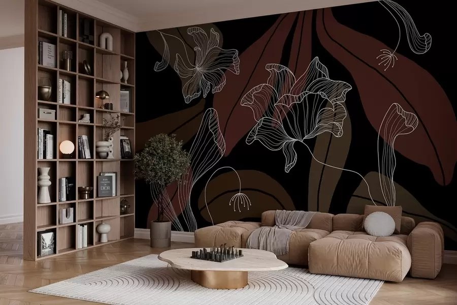 wall murals abstract leaves and flowers in powdery and beige tones on a dark background w04499v3