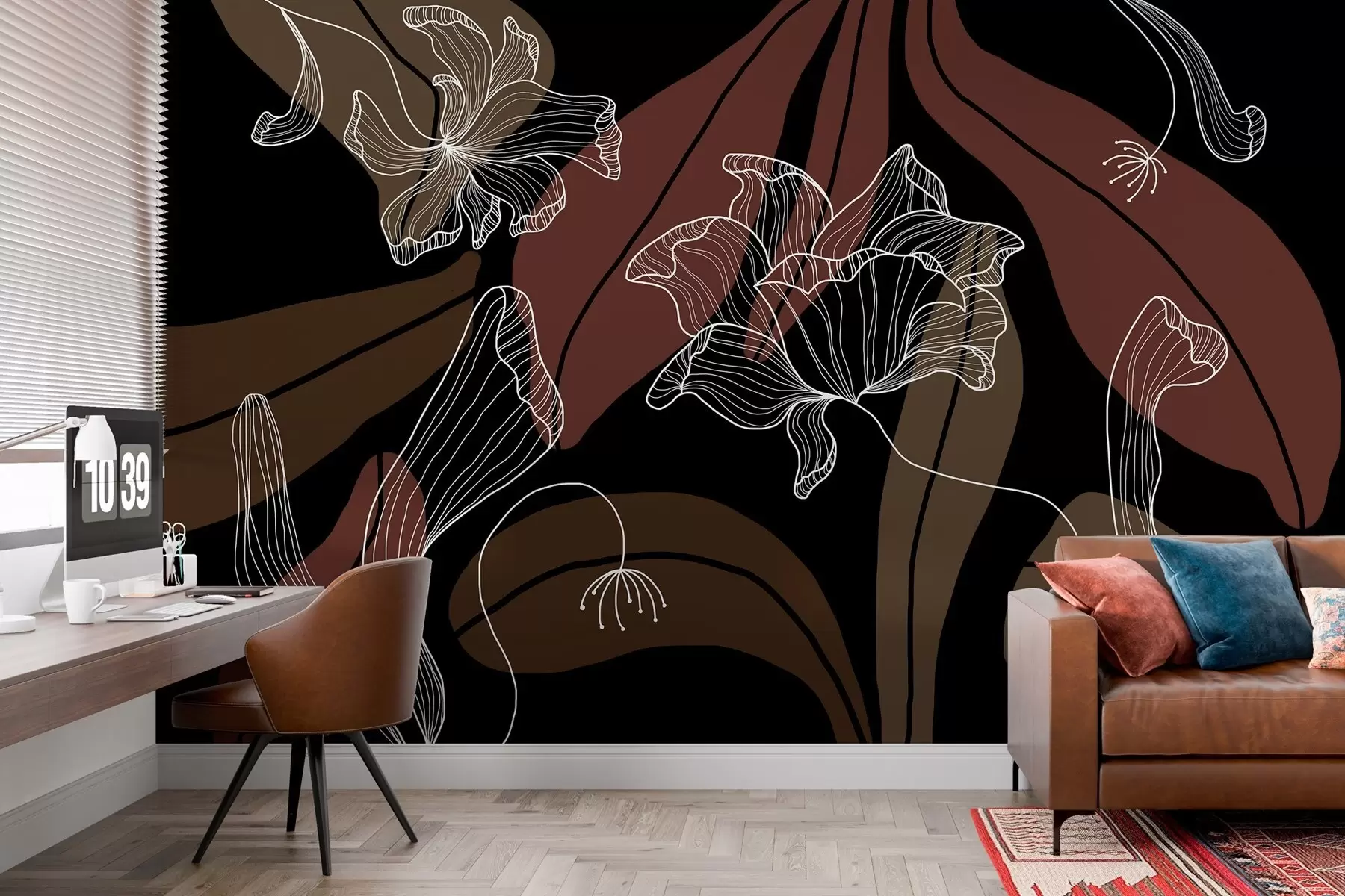 wall murals abstract leaves and flowers in powdery and beige tones on a dark background w04499v3