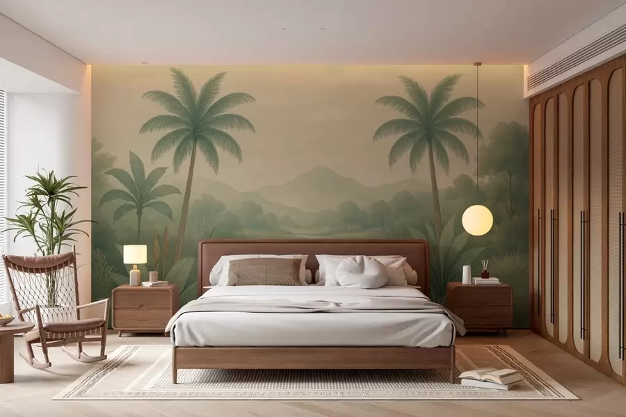 wall murals tropical landscape with palm trees and a river w04623