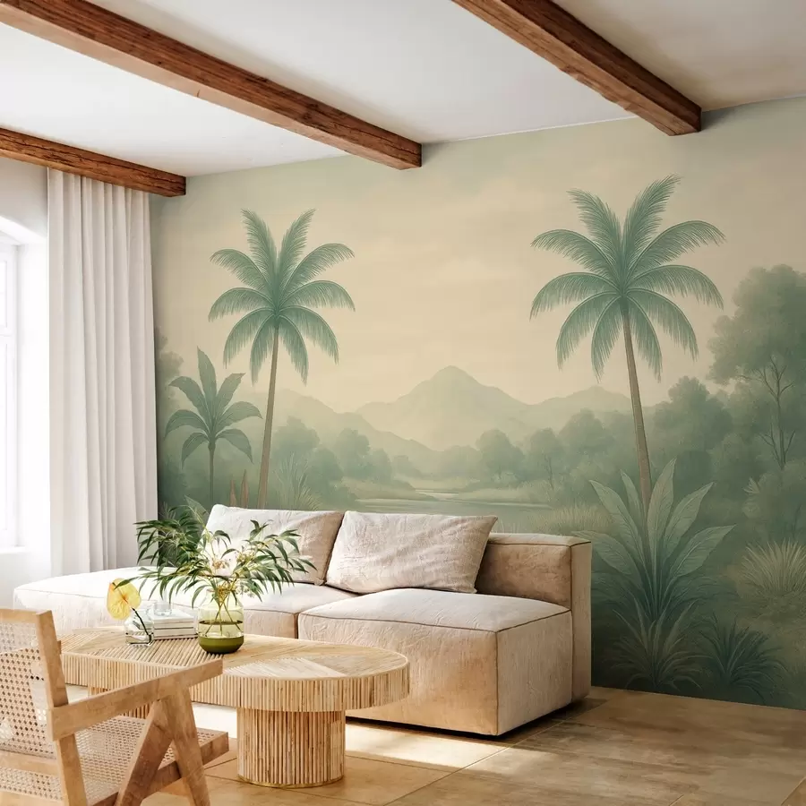 wall murals tropical landscape with palm trees and a river w04623