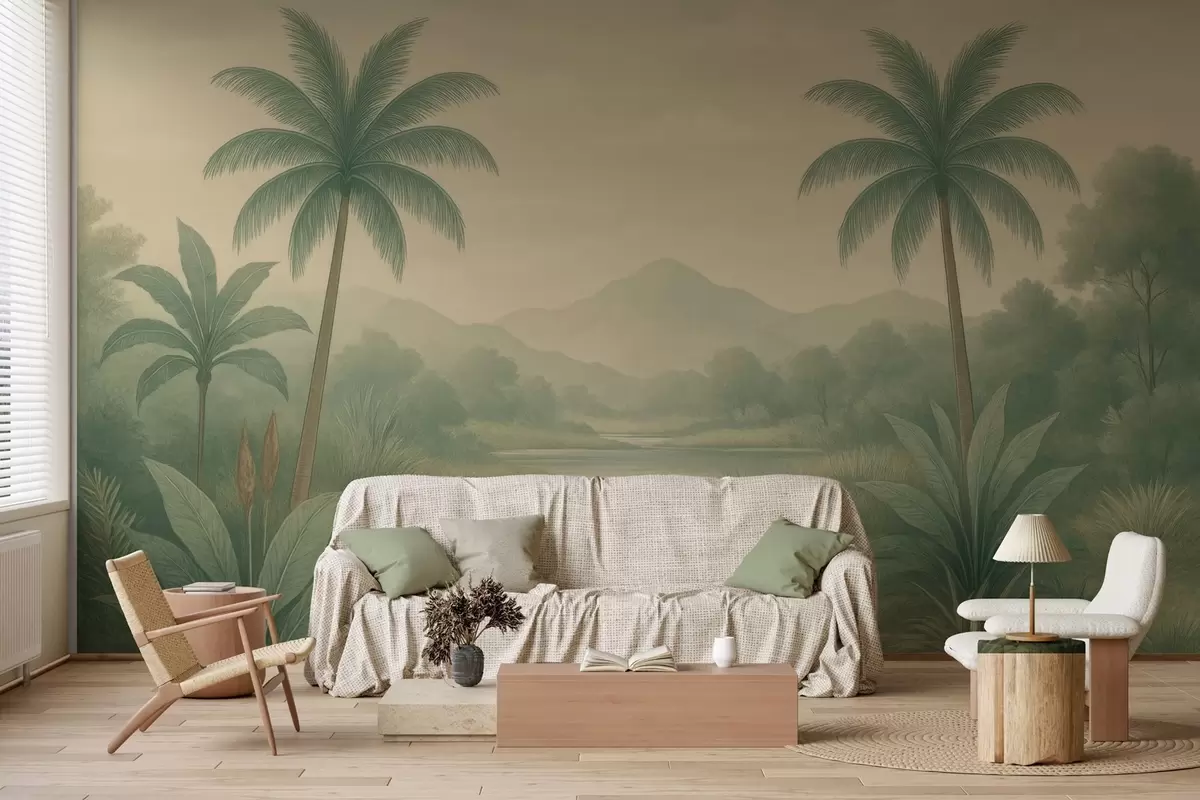 wall murals tropical landscape with palm trees and a river w04623