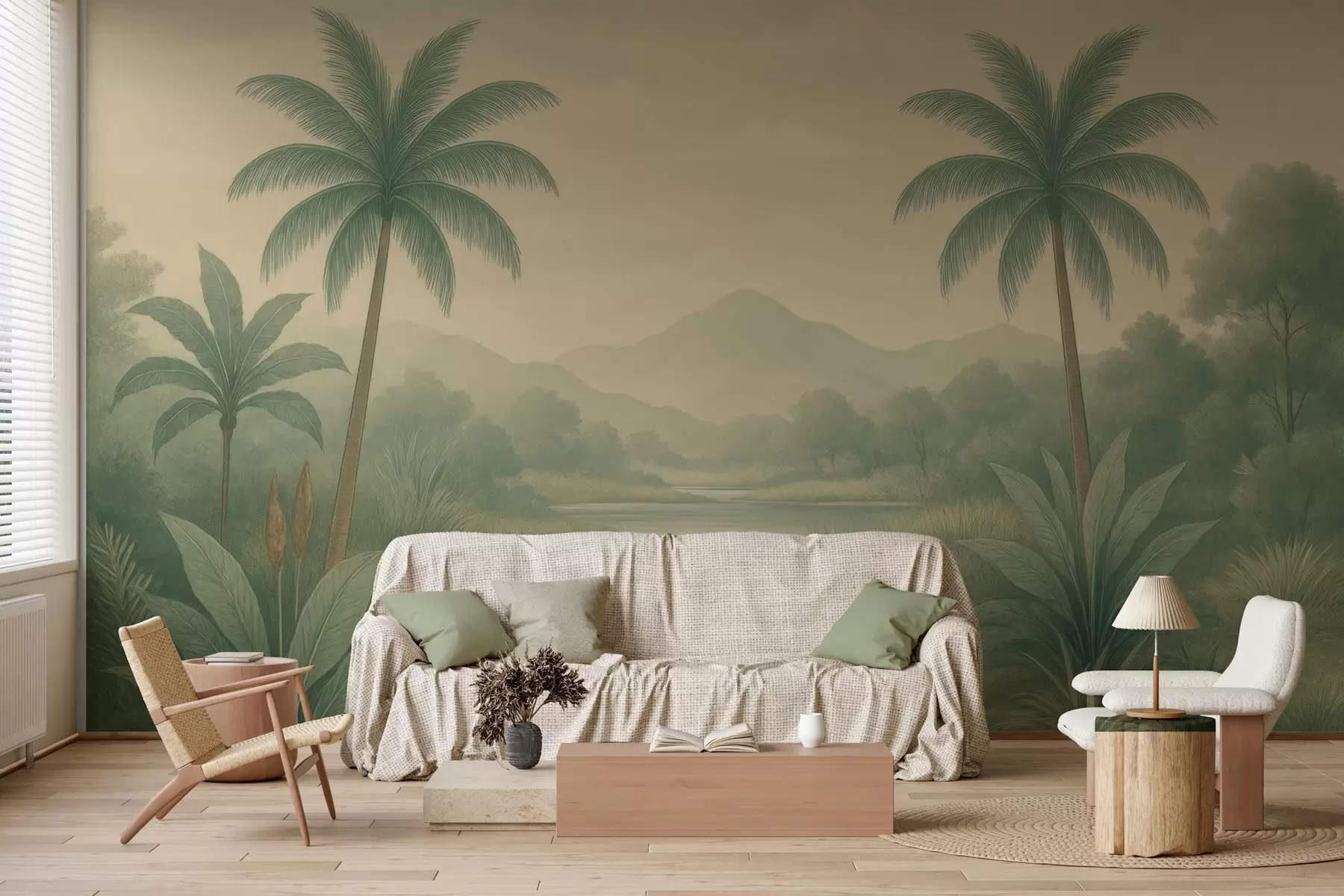 wall murals tropical landscape with palm trees and a river w04623