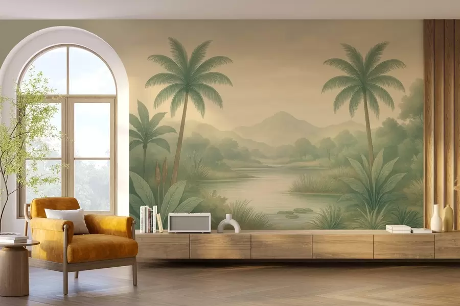 wall murals tropical landscape with palm trees and a river w04623