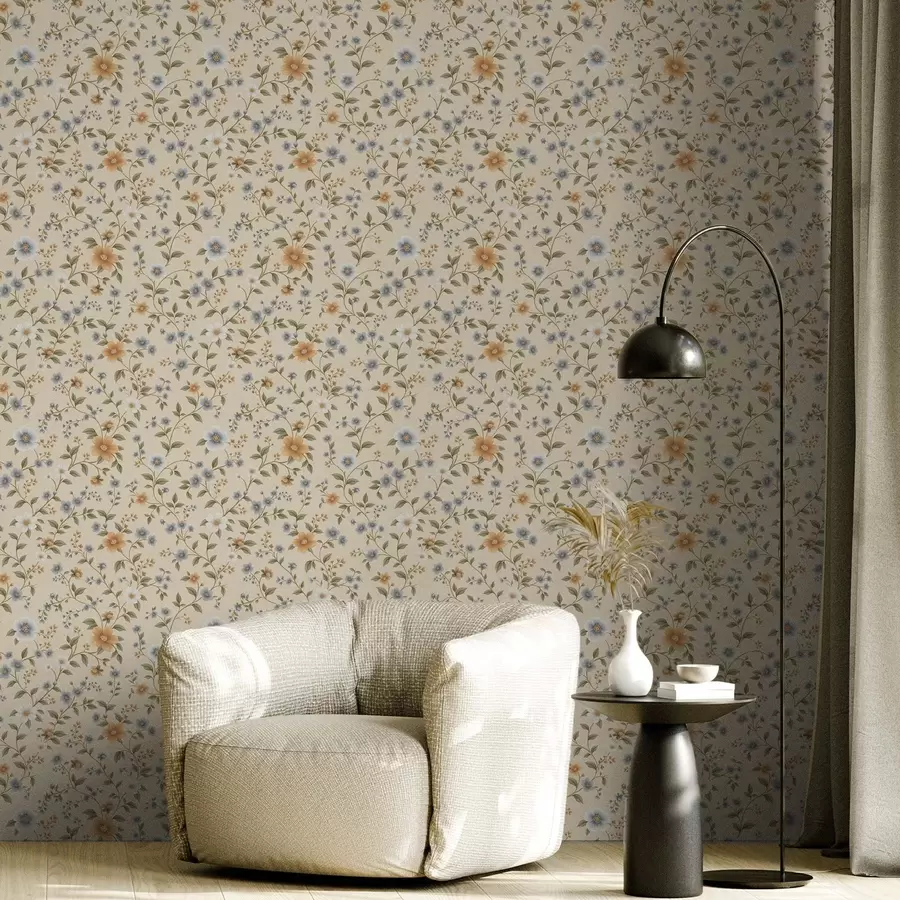 wall murals Floral branches with blue and peach flowers a00575