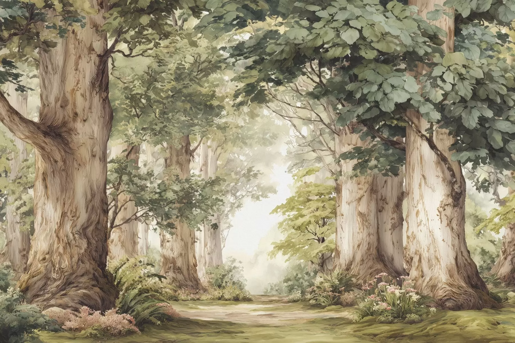 wall murals Forest path among majestic trees in watercolor style w09404