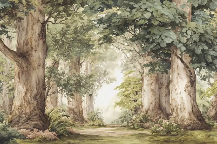 wall murals Forest path among majestic trees in watercolor style w09404