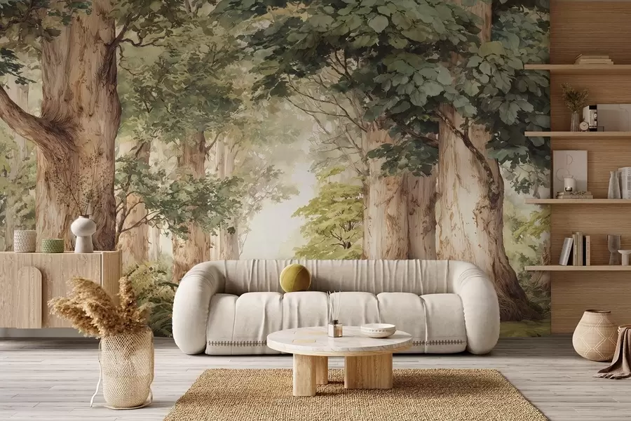 wall murals Forest path among majestic trees in watercolor style w09404