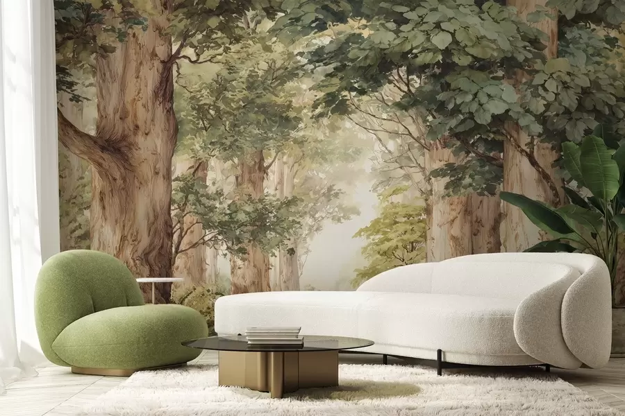 wall murals Forest path among majestic trees in watercolor style w09404