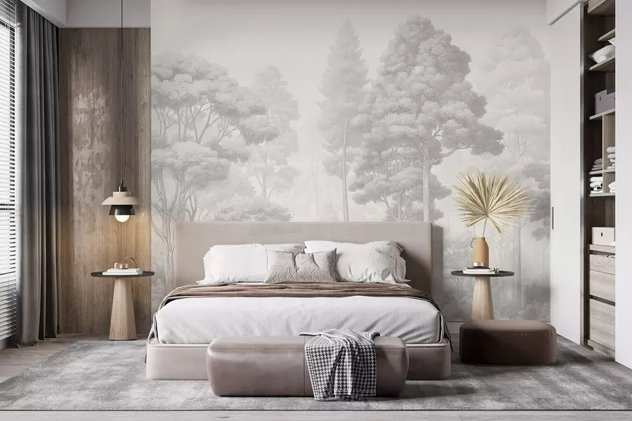 wall murals Artistic forest landscape in the technique of black-and-white graphic hatching w09411