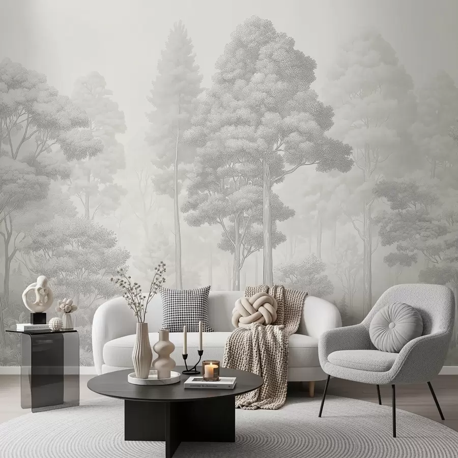wall murals Artistic forest landscape in the technique of black-and-white graphic hatching w09411