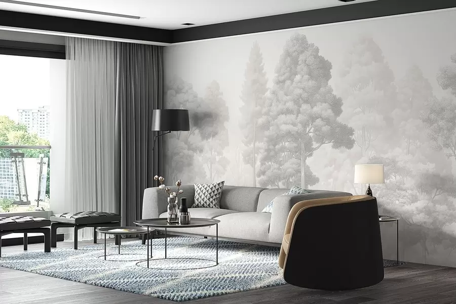 wall murals Artistic forest landscape in the technique of black-and-white graphic hatching w09411