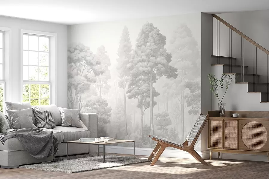 wall murals Artistic forest landscape in the technique of black-and-white graphic hatching w09411