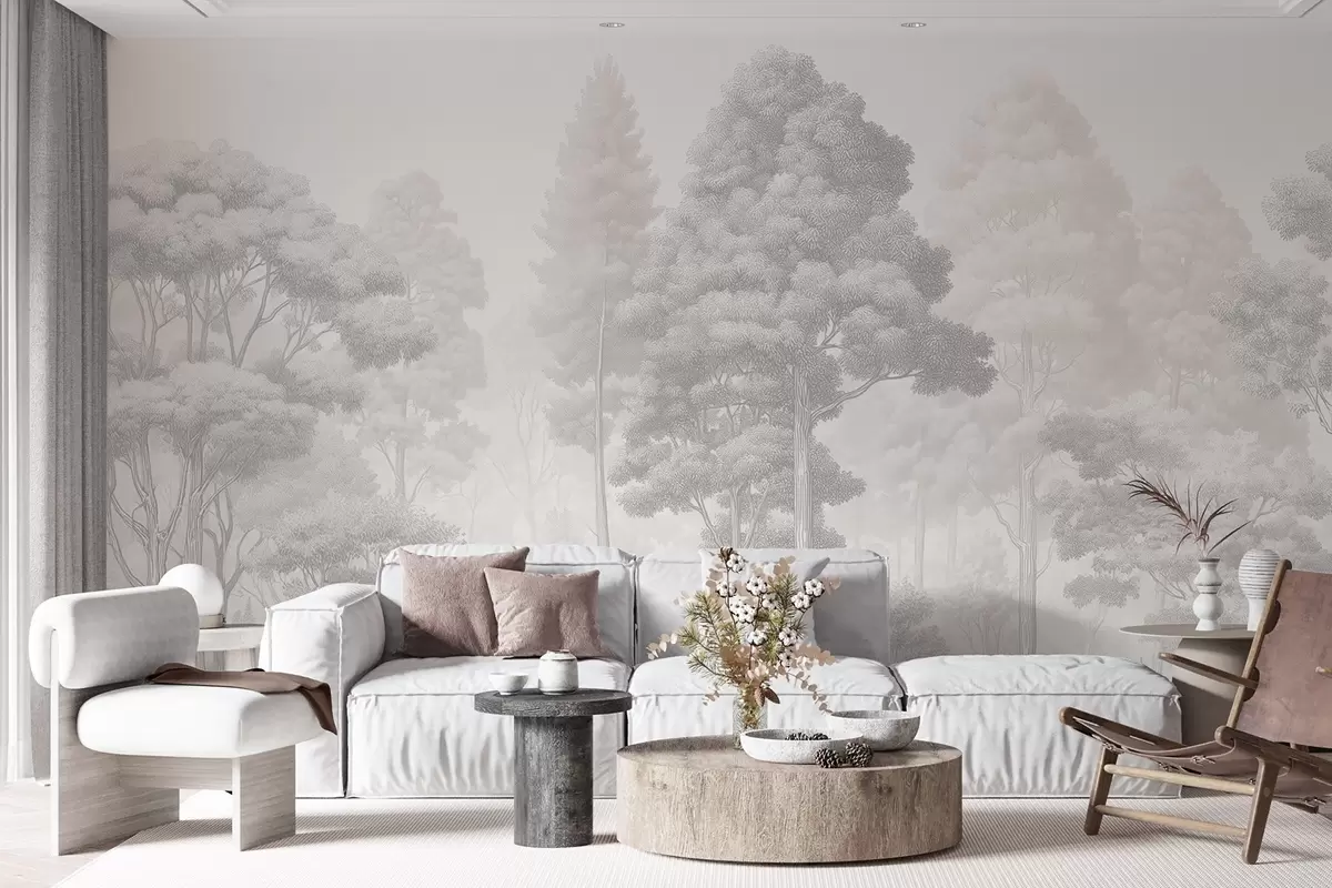wall murals Artistic forest landscape in the technique of black-and-white graphic hatching w09411