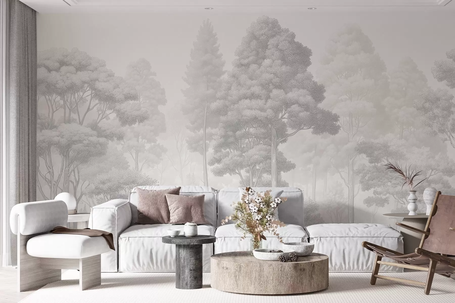 wall murals Artistic forest landscape in the technique of black-and-white graphic hatching w09411