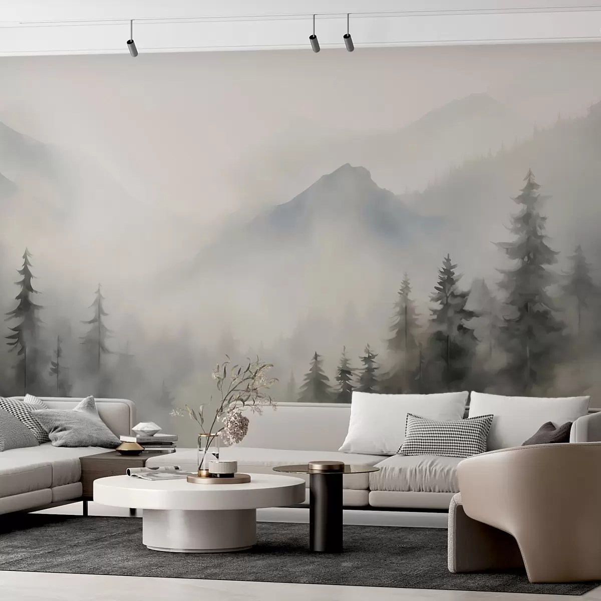 wall murals Forest in the fog against the backdrop of mountains w04493