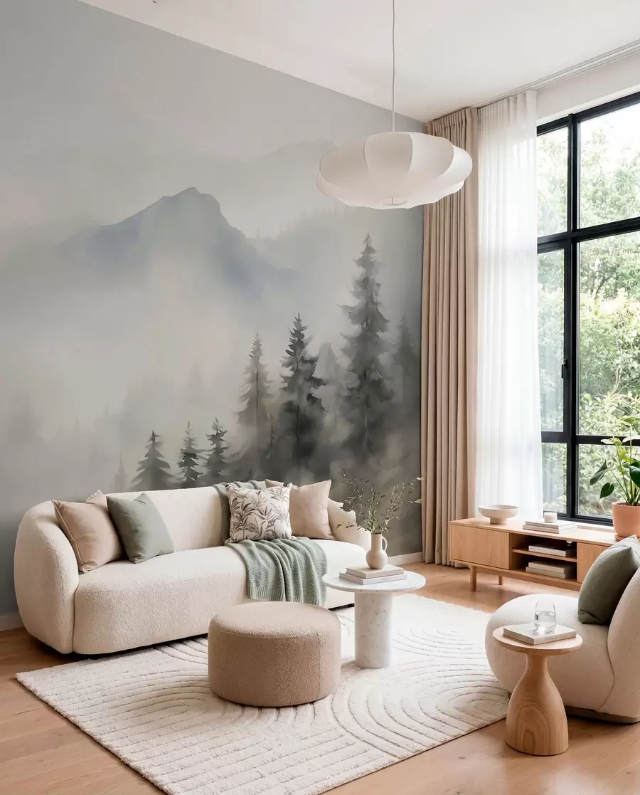 wall murals Forest in the fog against the backdrop of mountains w04493
