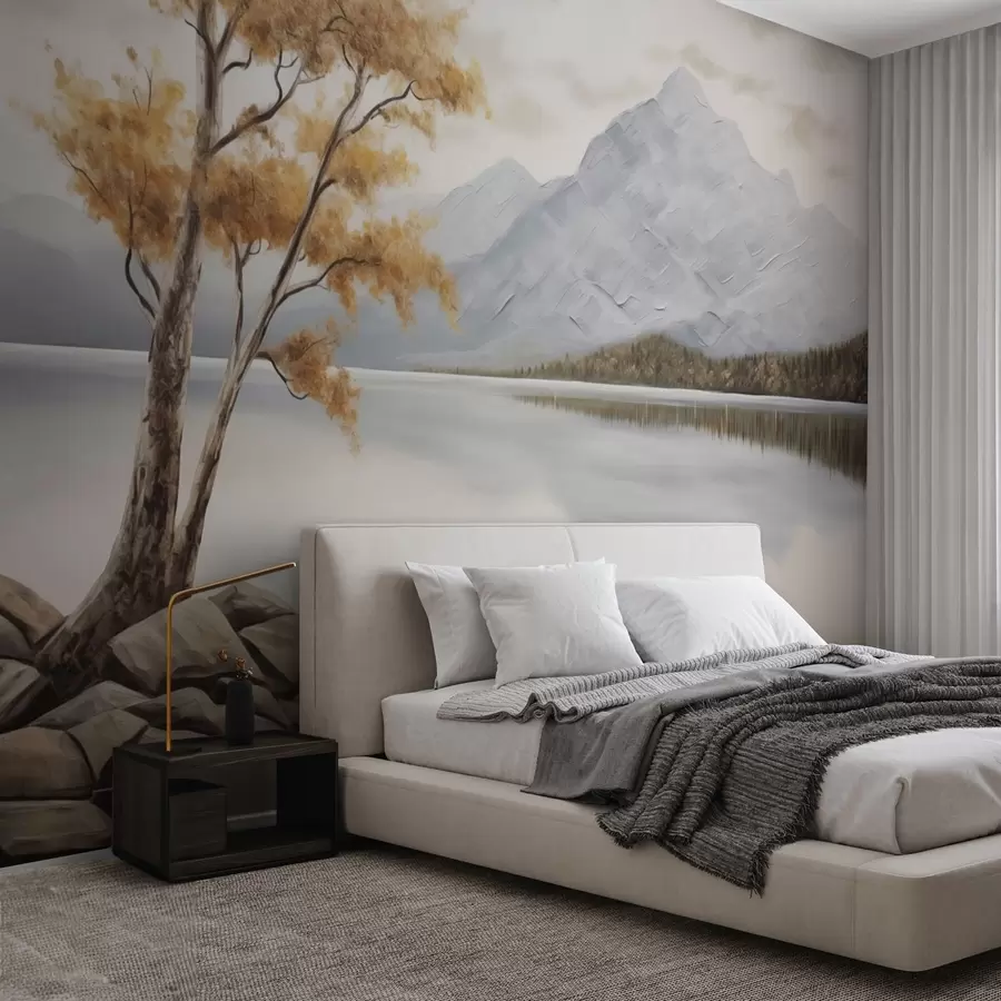wall murals Autumn tree by a mountain lake, calm pastels w04611
