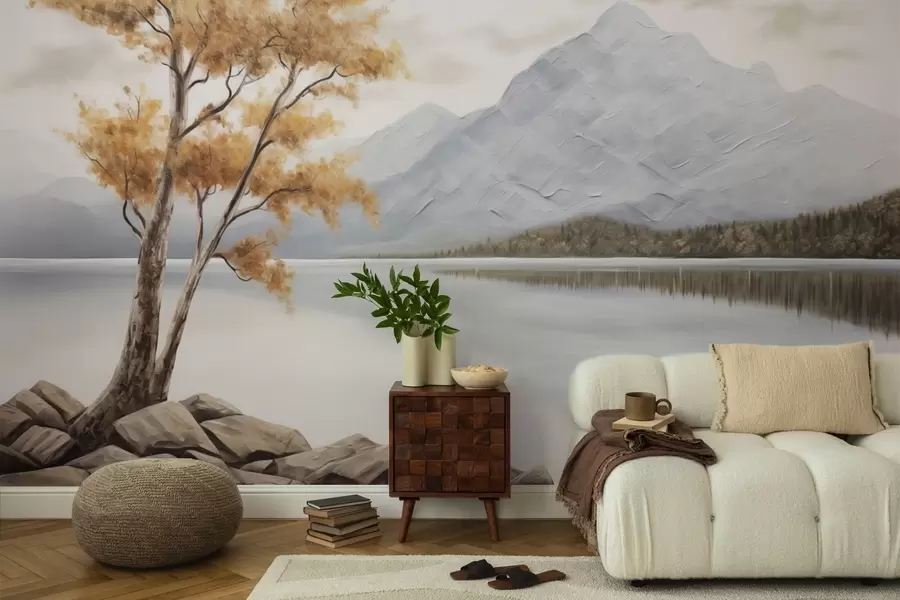 wall murals Autumn tree by a mountain lake, calm pastels w04611