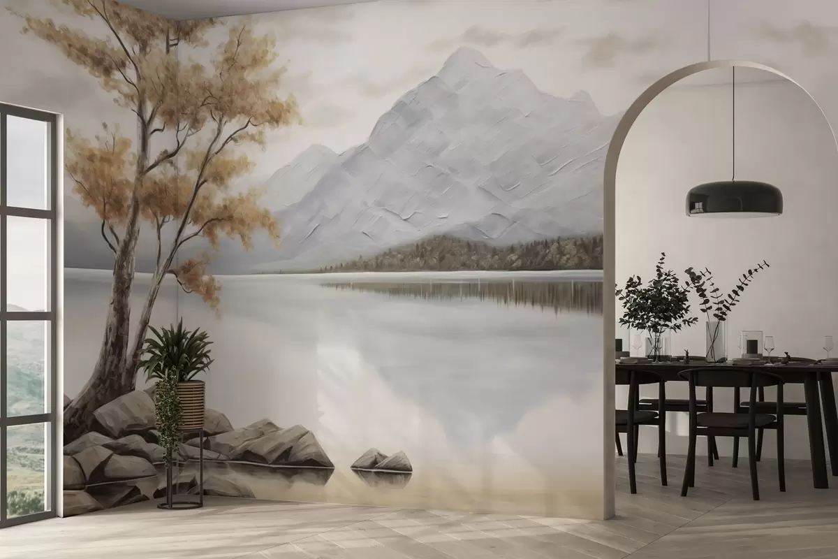 wall murals Autumn tree by a mountain lake, calm pastels w04611