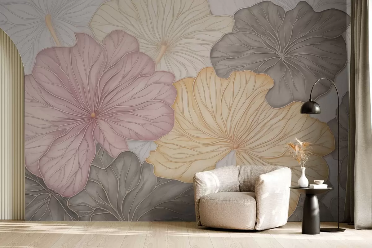 wall murals Large pastel leaves with fine veining w04612