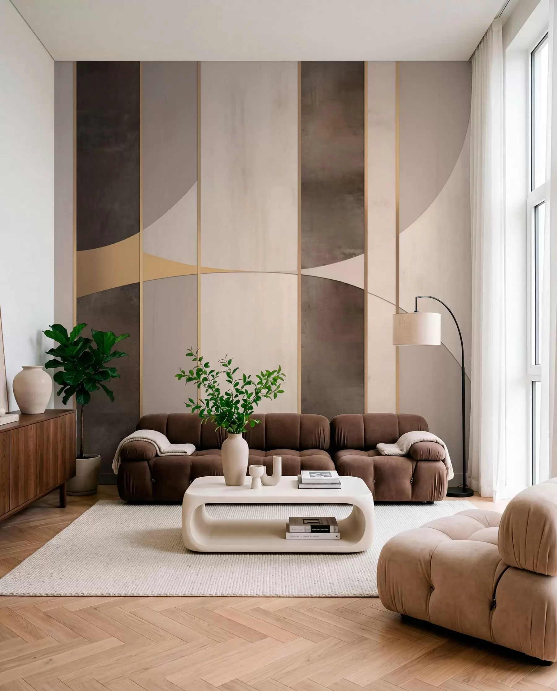 wall murals Geometric panels with arcs and champagne accents w04616