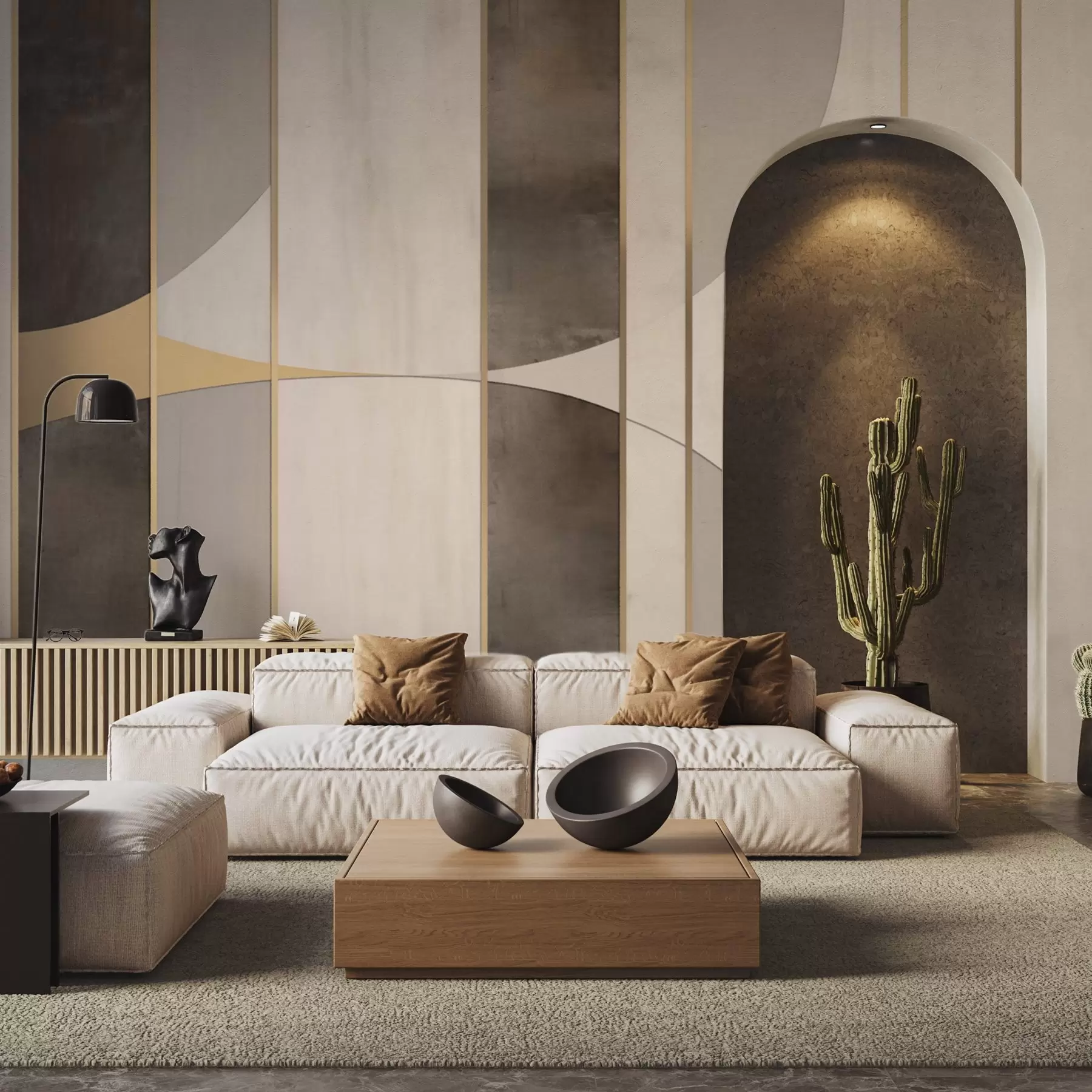 wall murals Geometric panels with arcs and champagne accents w04616