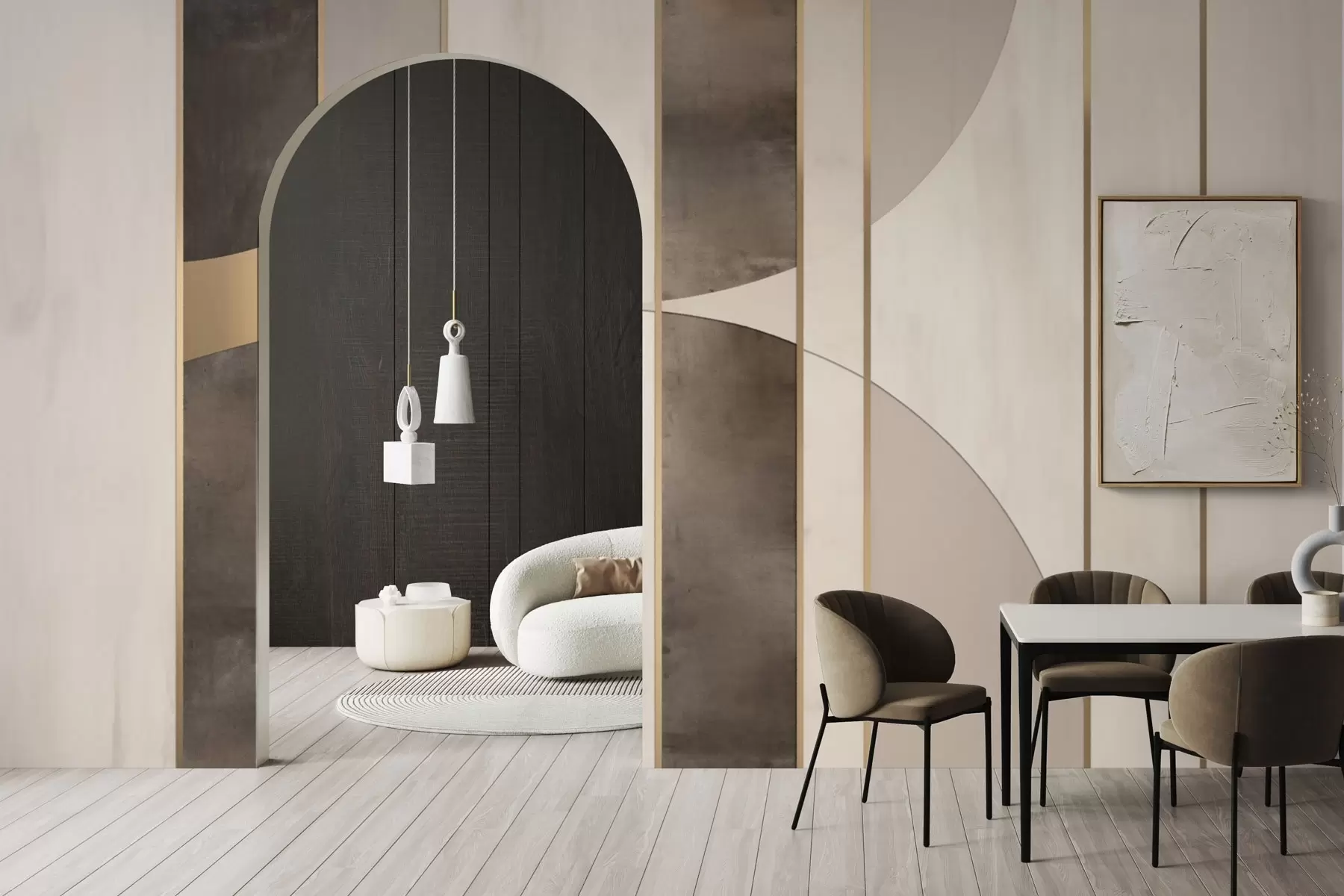 wall murals Geometric panels with arcs and champagne accents w04616