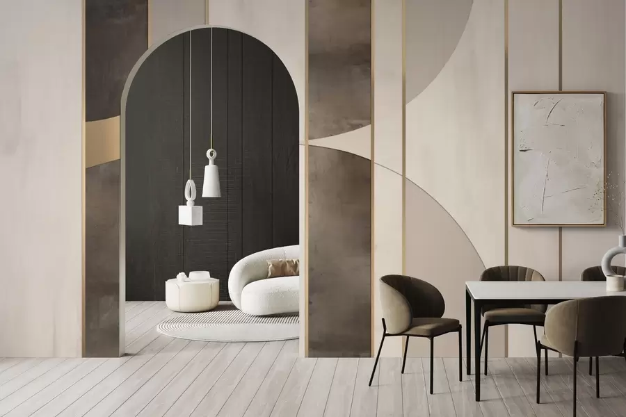 wall murals Geometric panels with arcs and champagne accents w04616