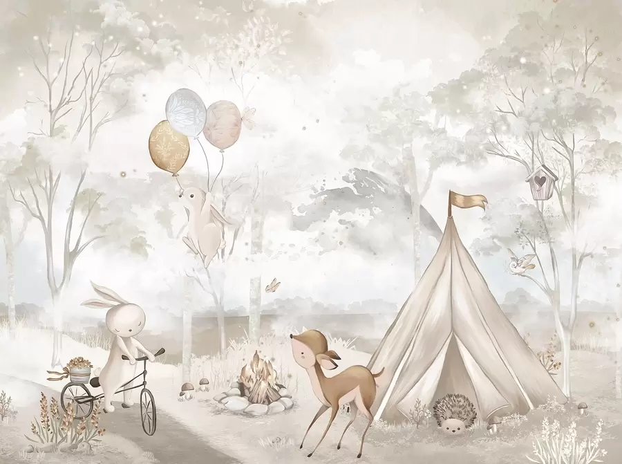 wall murals Kids' camp in warm beige tones, tent and forest animals w04671