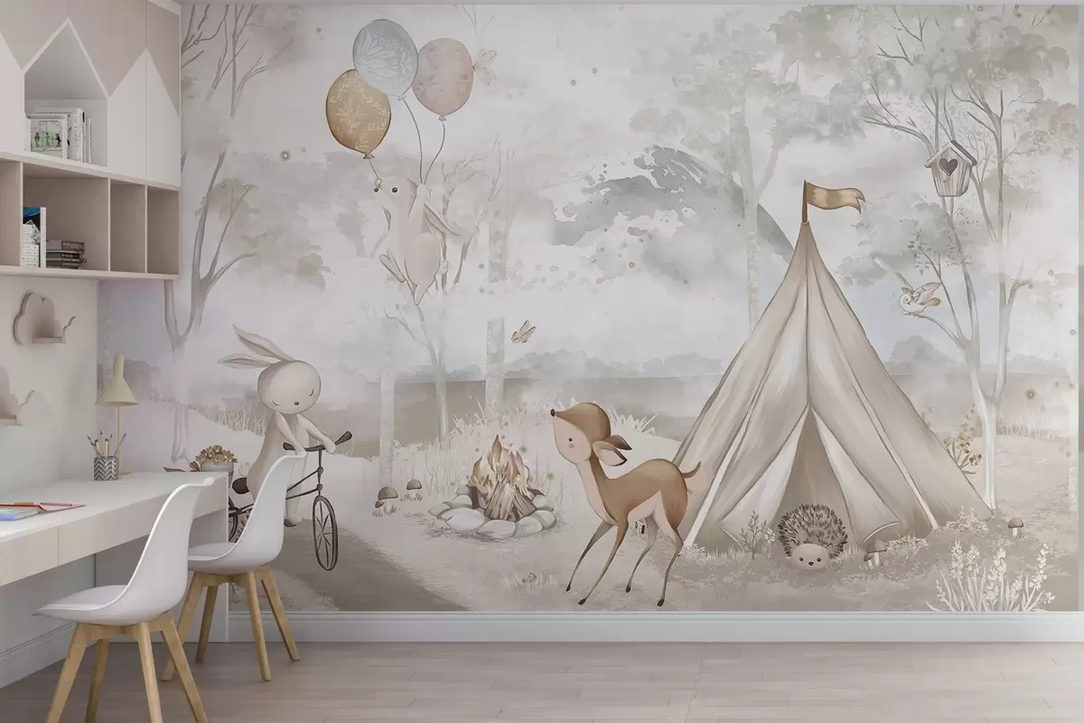 wall murals Kids' camp in warm beige tones, tent and forest animals w04671