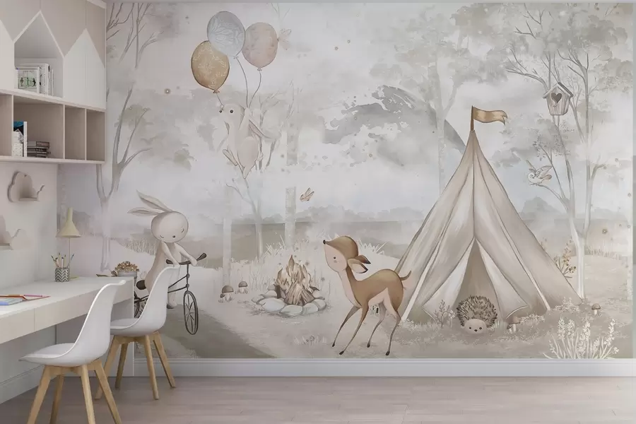 wall murals Kids' camp in warm beige tones, tent and forest animals w04671