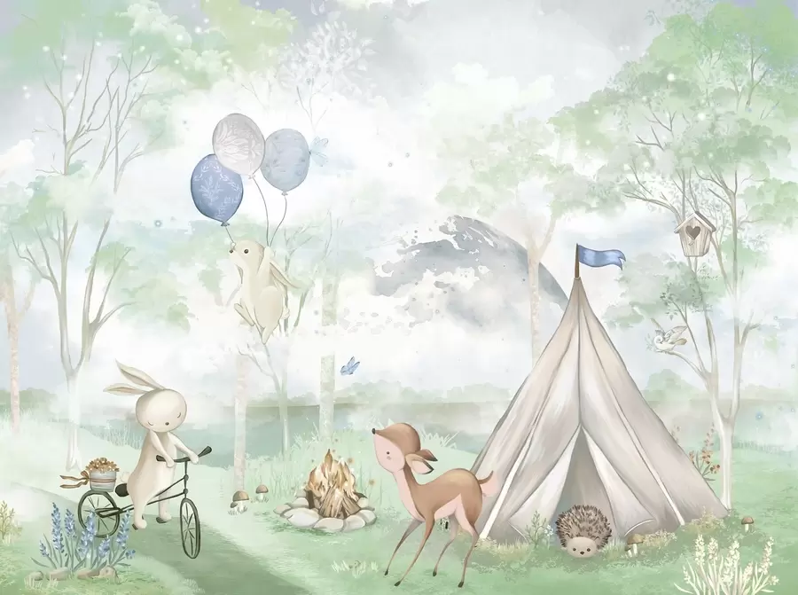 wall murals Kids' forest camp: bunnies, fawn, tent and campfire w04671v1