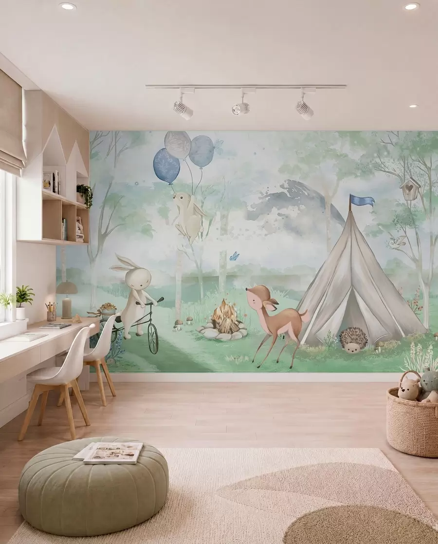 wall murals Kids' forest camp: bunnies, fawn, tent and campfire w04671v1