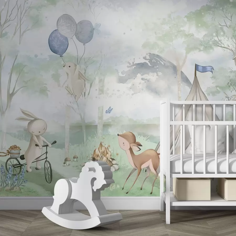 wall murals Kids' forest camp: bunnies, fawn, tent and campfire w04671v1