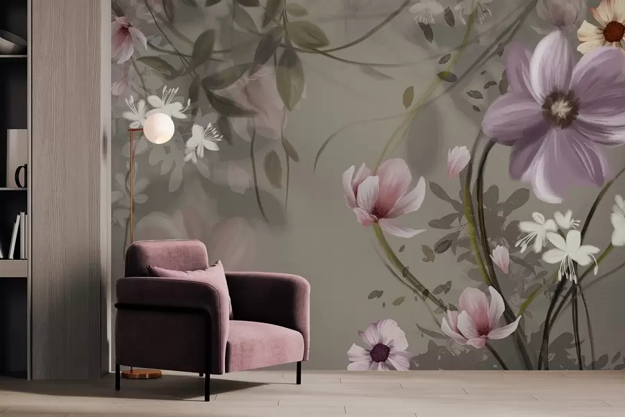 wall murals Pink and white flowers with brown stems and leaves, soft lighting, muted colors, floral arrangement w09417