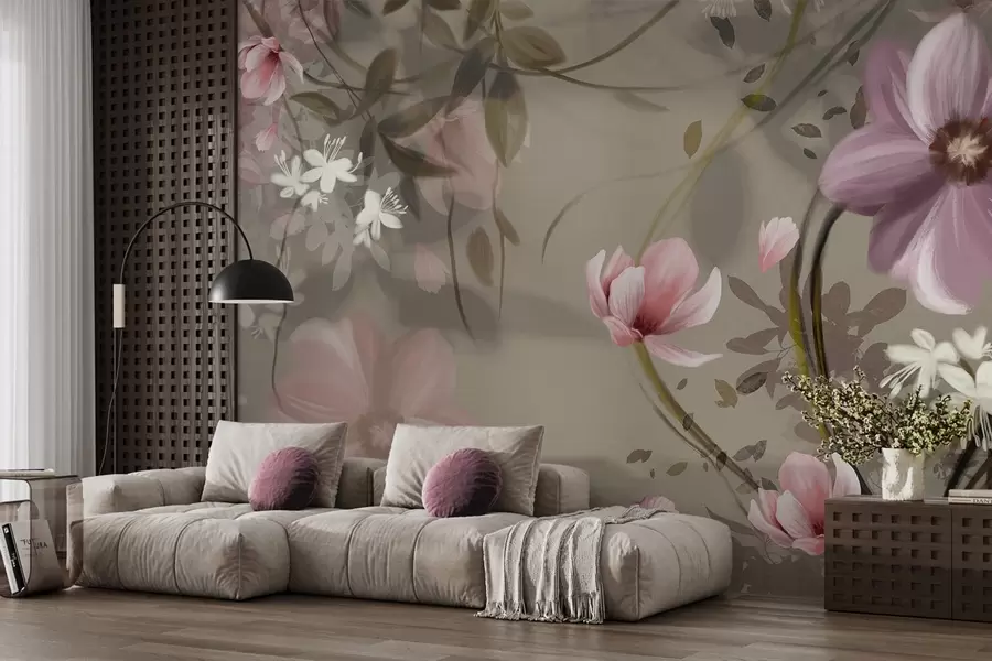 wall murals Pink and white flowers with brown stems and leaves, soft lighting, muted colors, floral arrangement w09417
