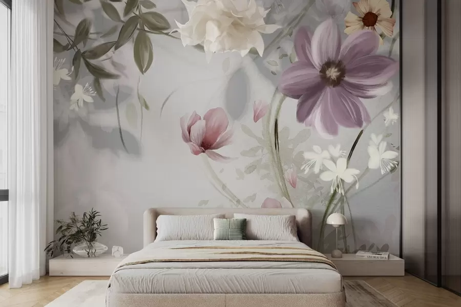 wall murals Pink and white flowers with green stems and leaves, soft lighting, muted colors, floral arrangement w09417v1