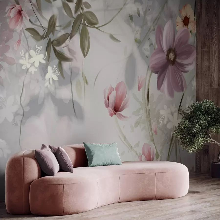 wall murals Pink and white flowers with green stems and leaves, soft lighting, muted colors, floral arrangement w09417v1