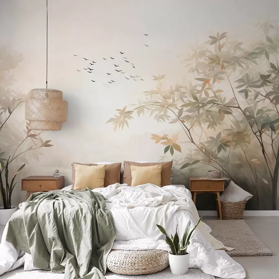 wall murals Textured landscape with trees and a flock of birds flying in the sky, pastel colors, nature scene  w09418