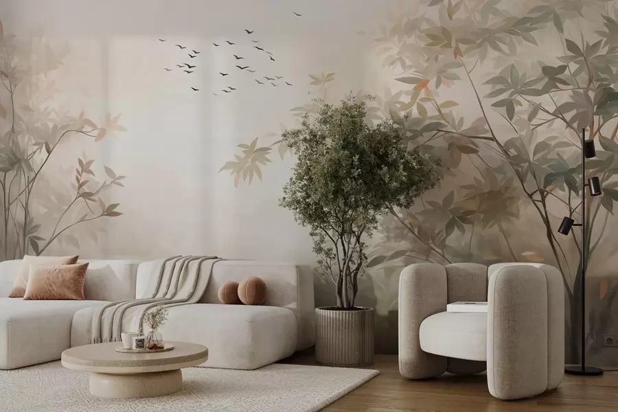 wall murals Textured landscape with trees and a flock of birds flying in the sky, pastel colors, nature scene  w09418