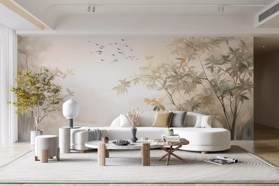 wall murals Textured landscape with trees and a flock of birds flying in the sky, pastel colors, nature scene  w09418