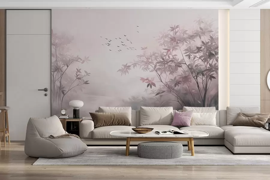 wall murals Textured landscape with trees and a flock of birds flying in the sky, pastel colors, nature scene  w09418v1