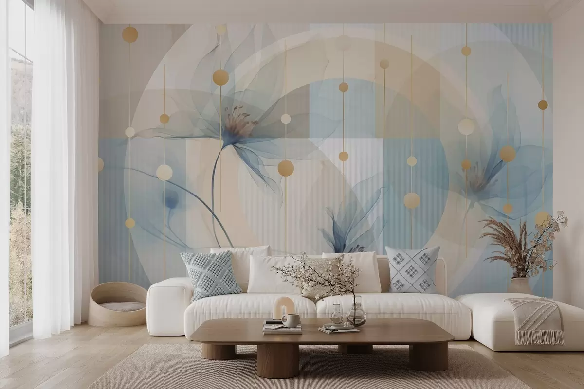 wall murals Abstract translucent flowers, circles and geometric shapes, pastel blue, beige and white color palette w09419
