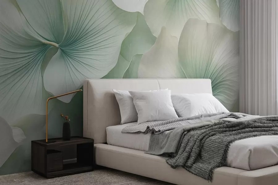 wall murals White and green gingko leaves, soft  textured, abstract floral background, minimalist modern style w09421