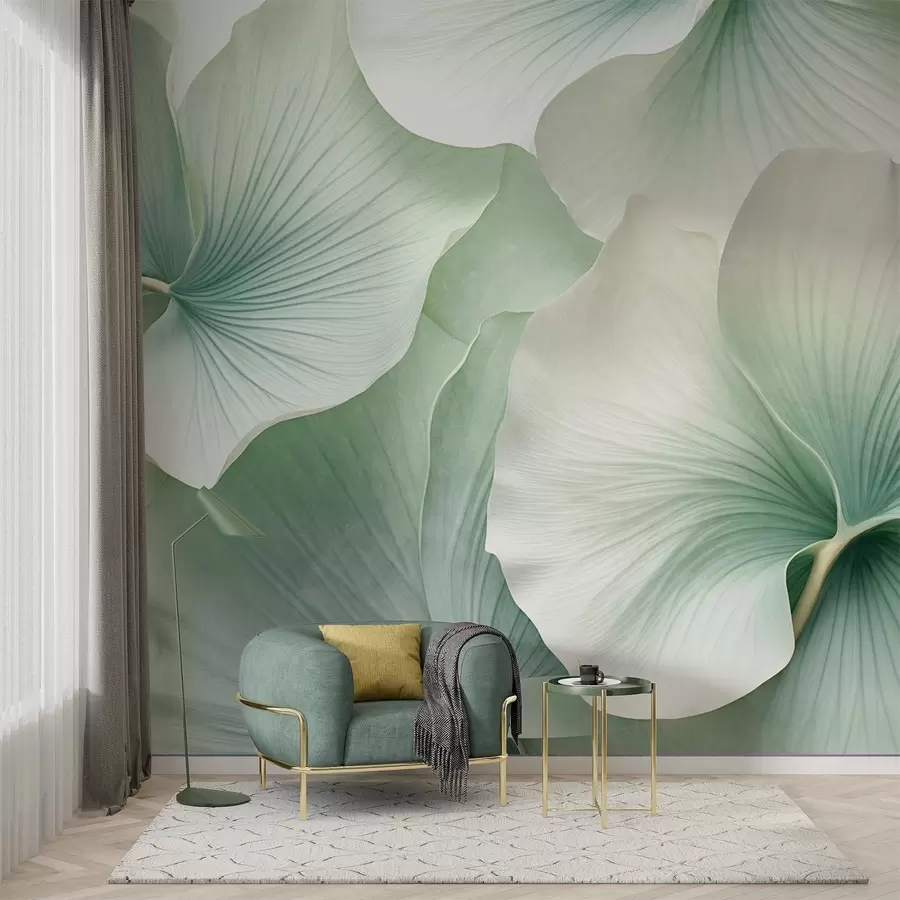 wall murals White and green gingko leaves, soft  textured, abstract floral background, minimalist modern style w09421