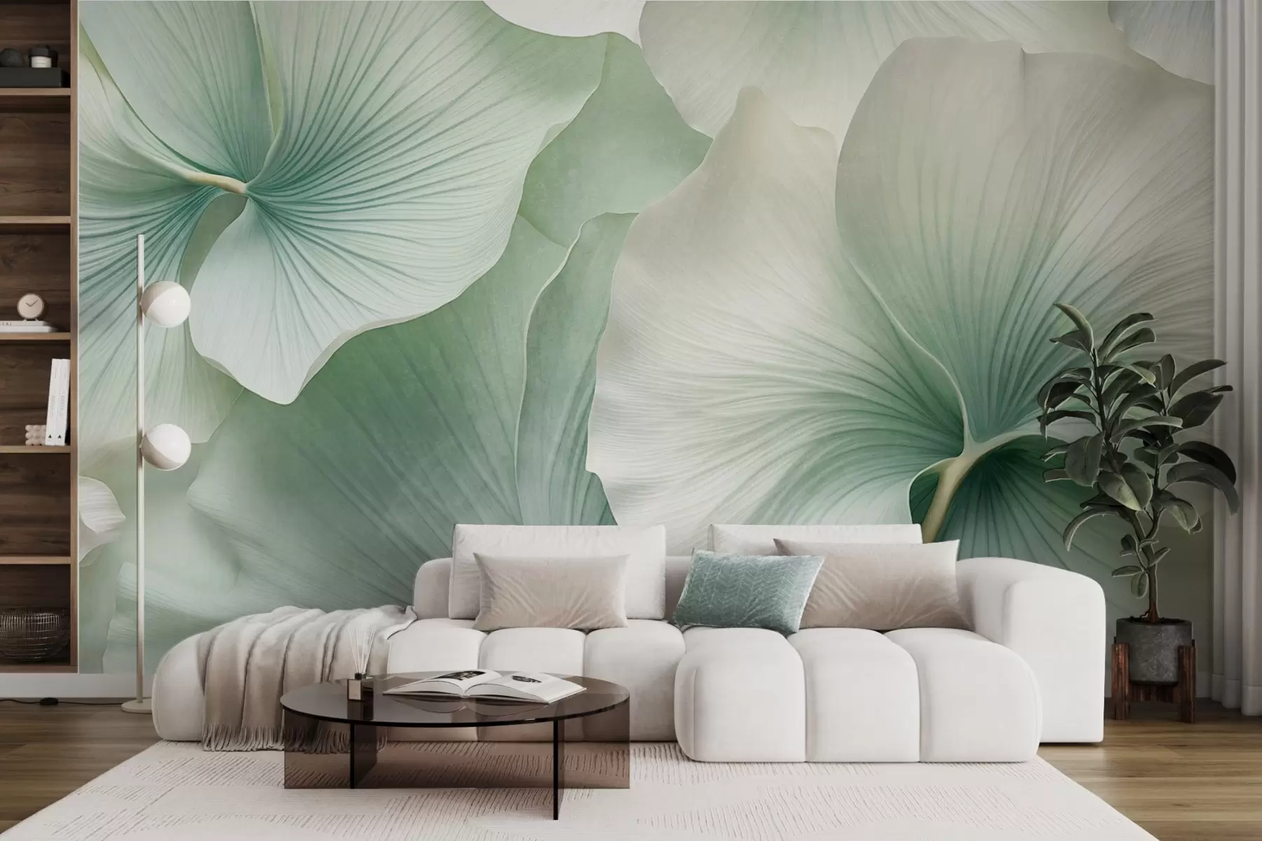 wall murals White and green gingko leaves, soft  textured, abstract floral background, minimalist modern style w09421