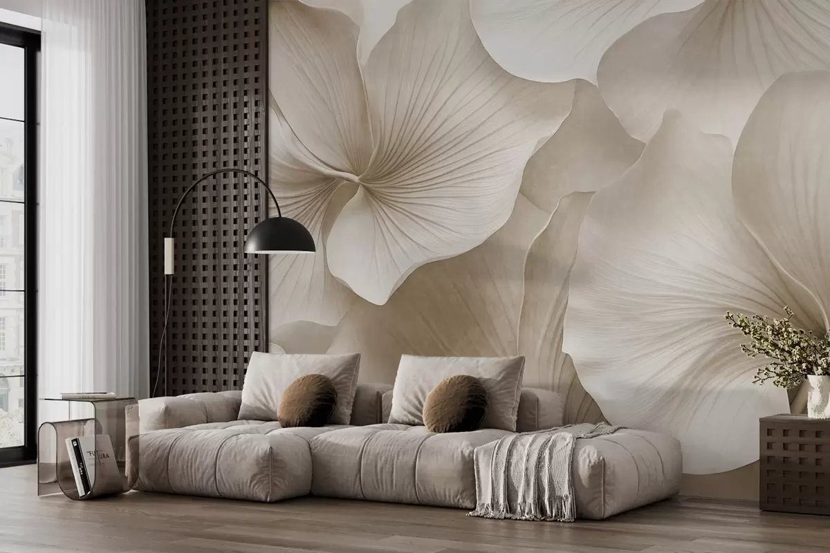 wall murals White and beige gingko leaves, soft  textured, abstract floral background, minimalist modern style w09421v1