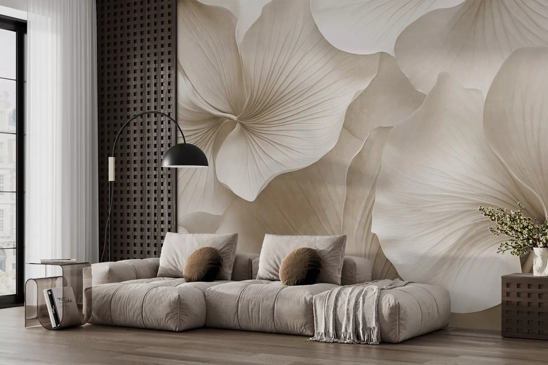 wall murals White and beige gingko leaves, soft  textured, abstract floral background, minimalist modern style w09421v1